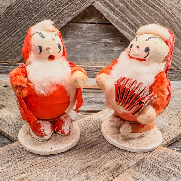 Pair of Adorable 1950’s Vintage Santas-Spun Cotton Crepe Corn Husk Paper Mache - Picture 10 of 10